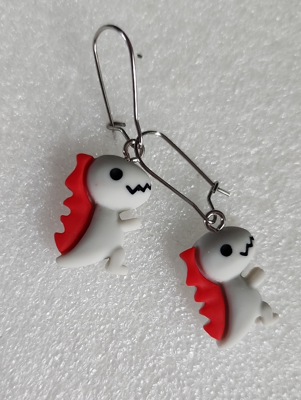 Hand Crafted Gray and Red Dino Drop Earrings
